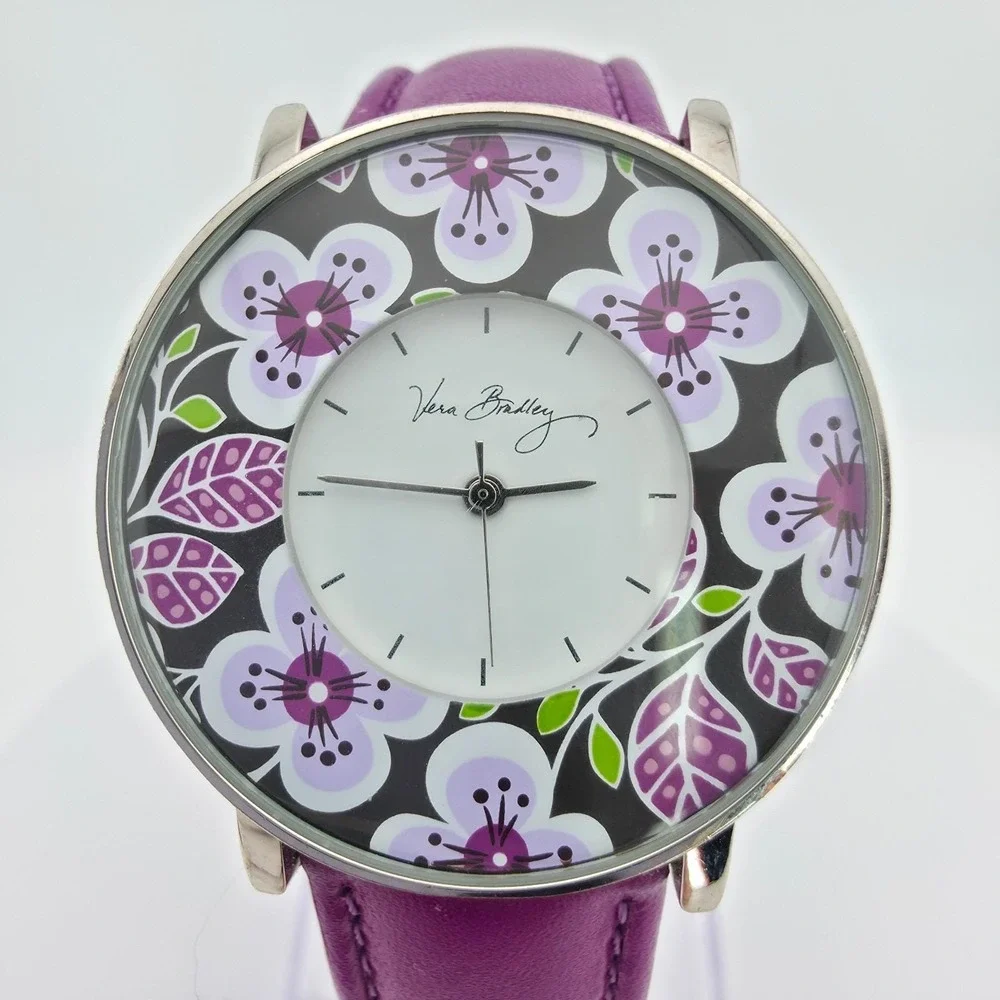 VERA BRADLEY 'Plum Petals' Ladies Watch Purple Leather Band Silver Tone 7.5